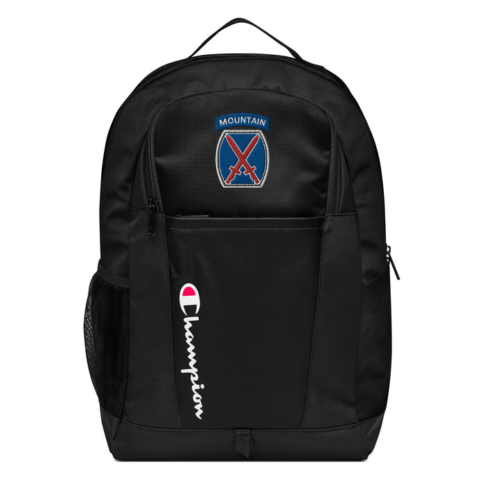 The 10th Mountain Division Champion Backpack in black showcases a "Champion" logo, a mesh side pocket, a top handle and a 10th Mountain Division logo on the front. Crafted from water-resistant material, this sports backpack is ideal for all-weather use.