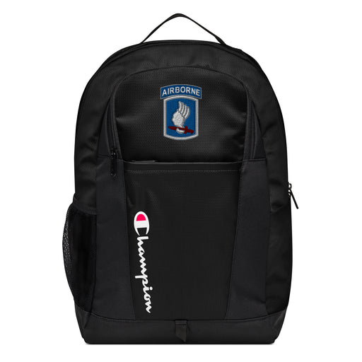 The 13th Airborne Division Champion Backpack in black showcases a "Champion" logo, a mesh side pocket, a top handle and a 13th Airborne Division logo on the front. Crafted from water-resistant material, this sports backpack is ideal for all-weather use.