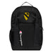 The 1st Cavalry Division Champion Backpack in black showcases a "Champion" logo, a mesh side pocket, a top handle and a 1st Cavalry Division logo on the front. Crafted from water-resistant material, this sports backpack is ideal for all-weather use.