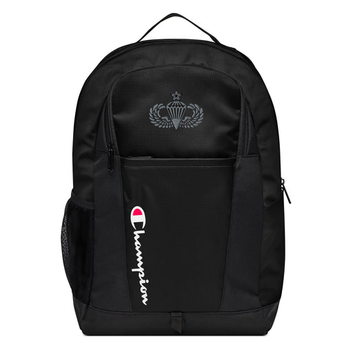 The Senior Parachutist Champion Backpack in black showcases a "Champion" logo, a mesh side pocket, a top handle and a Senior Parachutist logo on the front. Crafted from water-resistant material, this sports backpack is ideal for all-weather use.