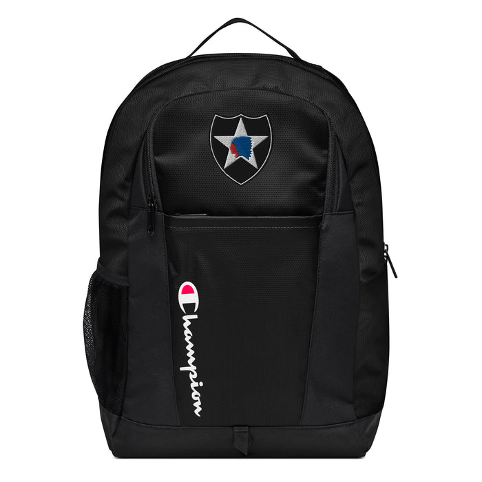 The 2nd Infantry Division Champion Backpack in black showcases a "Champion" logo, a mesh side pocket, a top handle and a 2nd Infantry Division logo on the front. Crafted from water-resistant material, this sports backpack is ideal for all-weather use.