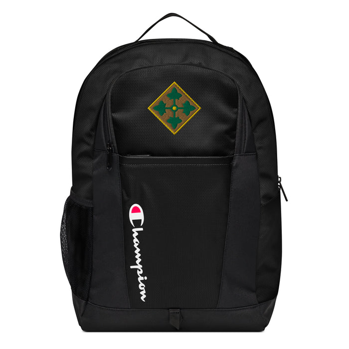 The 4th Infantry Division Champion Backpack in black showcases a "Champion" logo, a mesh side pocket, a top handle and a 4th Infantry Division logo on the front. Crafted from water-resistant material, this sports backpack is ideal for all-weather use.