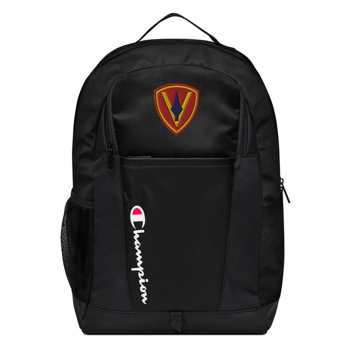 The 5th Marine Division Champion Backpack in black showcases a "Champion" logo, a mesh side pocket, a top handle and a 5th Marine Division logo on the front. Crafted from water-resistant material, this sports backpack is ideal for all-weather use.