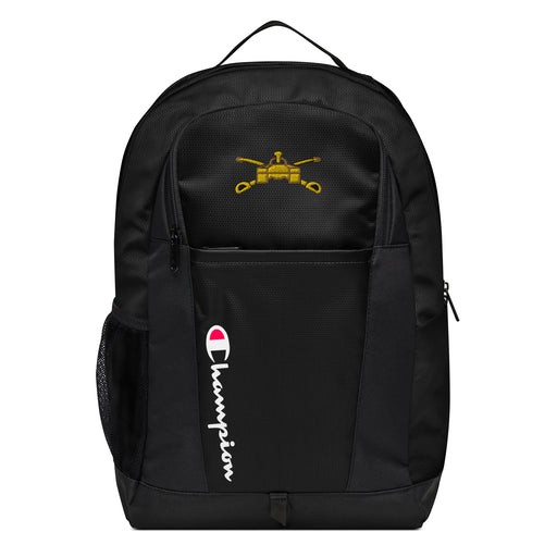 The Army Armor Champion Backpack in black showcases a "Champion" logo, a mesh side pocket, a top handle and a Army Armor logo on the front. Crafted from water-resistant material, this sports backpack is ideal for all-weather use.