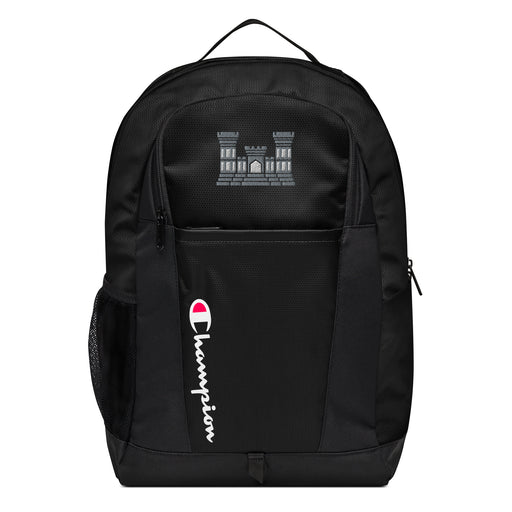 The Combat Engineer Champion Backpack in black showcases a "Champion" logo, a mesh side pocket, a top handle and a Combat Engineer logo on the front. Crafted from water-resistant material, this sports backpack is ideal for all-weather use.