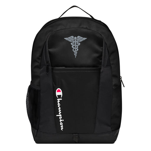 The Hospital Corpsman Champion Backpack in black showcases a "Champion" logo, a mesh side pocket, a top handle and a Hospital Corpsman logo on the front. Crafted from water-resistant material, this sports backpack is ideal for all-weather use.