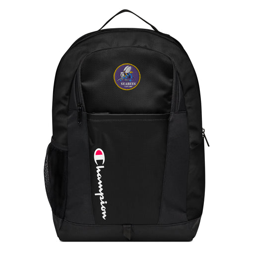 The Navy Seabees Champion Backpack in black showcases a "Champion" logo, a mesh side pocket, a top handle and a Navy Seabees logo on the front. Crafted from water-resistant material, this sports backpack is ideal for all-weather use.