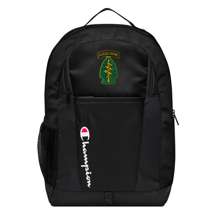 The Special Forces Airborne Champion Backpack in black showcases a "Champion" logo, a mesh side pocket, a top handle and a Special Forces Airborne logo on the front. Crafted from water-resistant material, this sports backpack is ideal for all-weather use.