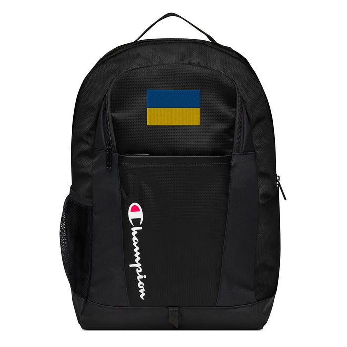 The Ukrainian Flag Champion Backpack in black showcases a "Champion" logo, a mesh side pocket, a top handle and a Ukrainian Flag logo on the front. Crafted from water-resistant material, this sports backpack is ideal for all-weather use.