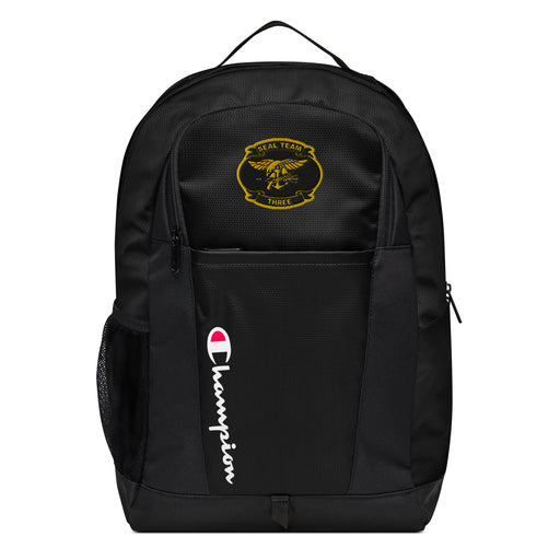 The Navy Seal Team 3 Champion Backpack in black showcases a "Champion" logo, a mesh side pocket, a top handle and a Navy Seal Team 3 logo on the front. Crafted from water-resistant material, this sports backpack is ideal for all-weather use.