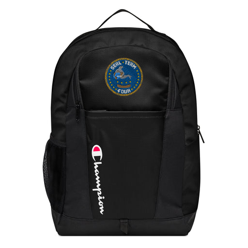 The Navy Seal Team 4 Champion Backpack in black showcases a "Champion" logo, a mesh side pocket, a top handle and a Navy Seal Team 4 logo on the front. Crafted from water-resistant material, this sports backpack is ideal for all-weather use.