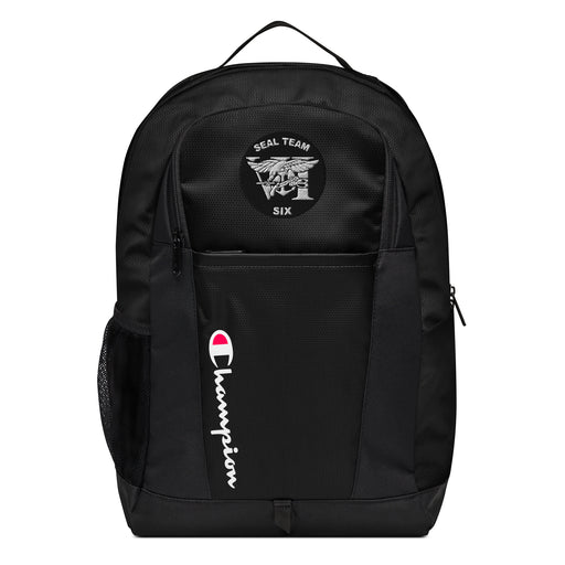 The Navy Seal Team 6 Champion Backpack in black showcases a "Champion" logo, a mesh side pocket, a top handle and a Navy Seal Team 6 logo on the front. Crafted from water-resistant material, this sports backpack is ideal for all-weather use.