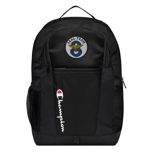 The Navy Seal Team 8 Champion Backpack in black showcases a "Champion" logo, a mesh side pocket, a top handle and a Navy Seal Team 8 logo on the front. Crafted from water-resistant material, this sports backpack is ideal for all-weather use.