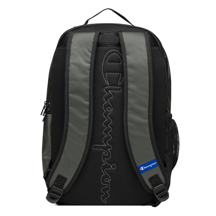 The 10th Mountain Division Champion Backpack is shown from the back, highlighting adjustable padded shoulder straps with the word "Champion" embroidered in large letters. The water-resistant backpack also features a small blue Champion logo tag on one of the straps and a side mesh pocket.