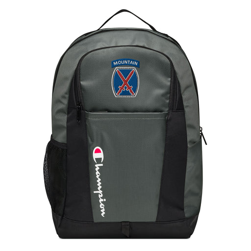 The 10th Mountain Division Champion Backpack in gray and black showcases a "Champion" logo, a mesh side pocket, a top handle and a 10th Mountain Division logo on the front. Crafted from water-resistant material, this sports backpack is ideal for all-weather use.