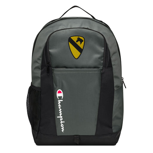 The 1st Cavalry Division Champion Backpack in gray and black showcases a "Champion" logo, a mesh side pocket, a top handle and a 1st Cavalry Division logo on the front. Crafted from water-resistant material, this sports backpack is ideal for all-weather use.