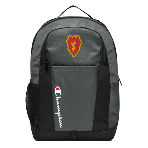 The 25th Infantry Division Champion Backpack in gray and black showcases a "Champion" logo, a mesh side pocket, a top handle and a 25th Infantry Division logo on the front. Crafted from water-resistant material, this sports backpack is ideal for all-weather use.