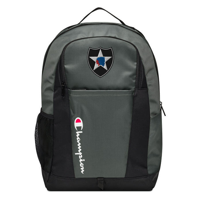 The 2nd Infantry Division Champion Backpack in gray and black showcases a "Champion" logo, a mesh side pocket, a top handle and a 2nd Infantry Division logo on the front. Crafted from water-resistant material, this sports backpack is ideal for all-weather use.