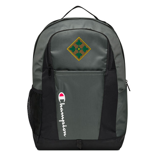 The 4th Infantry Division Champion Backpack in gray and black showcases a "Champion" logo, a mesh side pocket, a top handle and a 4th Infantry Division logo on the front. Crafted from water-resistant material, this sports backpack is ideal for all-weather use.