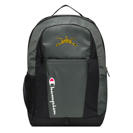 The Army Armor Champion Backpack in gray and black showcases a "Champion" logo, a mesh side pocket, a top handle and a Army Armor logo on the front. Crafted from water-resistant material, this sports backpack is ideal for all-weather use.