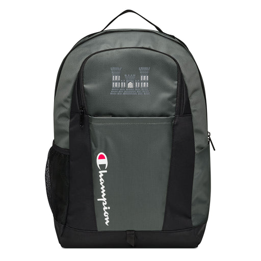 The Combat Engineer Champion Backpack in gray and black showcases a "Champion" logo, a mesh side pocket, a top handle and a Combat Engineer logo on the front. Crafted from water-resistant material, this sports backpack is ideal for all-weather use.