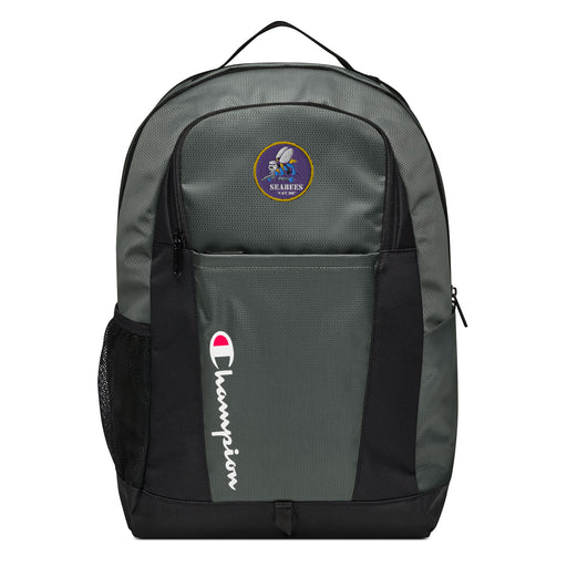 The Navy Seabees Champion Backpack in gray and black showcases a "Champion" logo, a mesh side pocket, a top handle and a Navy Seabees logo on the front. Crafted from water-resistant material, this sports backpack is ideal for all-weather use.