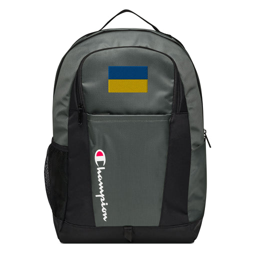 The Ukrainian Flag Champion Backpack in gray and black showcases a "Champion" logo, a mesh side pocket, a top handle and a Ukrainian Flag logo on the front. Crafted from water-resistant material, this sports backpack is ideal for all-weather use.