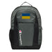 The Ukrainian Flag Champion Backpack in gray and black showcases a "Champion" logo, a mesh side pocket, a top handle and a Ukrainian Flag logo on the front. Crafted from water-resistant material, this sports backpack is ideal for all-weather use.