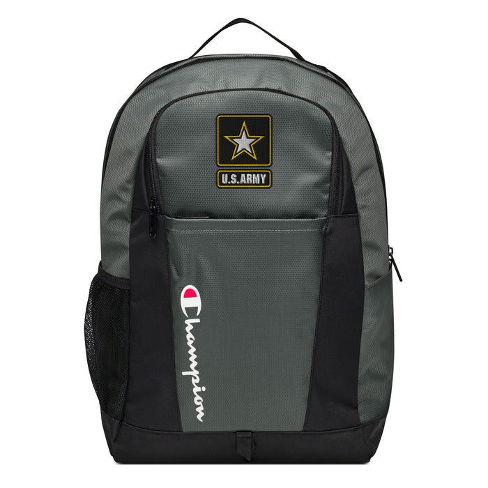 The United States Army Champion Backpack in gray and black showcases a "Champion" logo, a mesh side pocket, a top handle and a United States Army logo on the front. Crafted from water-resistant material, this sports backpack is ideal for all-weather use.