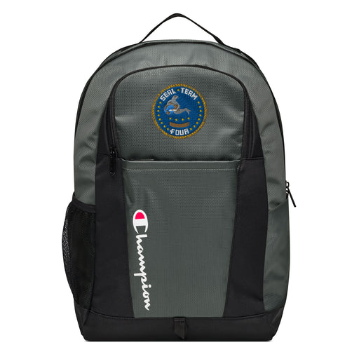 The Navy Seal Team 4 Champion Backpack in gray and black showcases a "Champion" logo, a mesh side pocket, a top handle and a Navy Seal Team 4 logo on the front. Crafted from water-resistant material, this sports backpack is ideal for all-weather use.