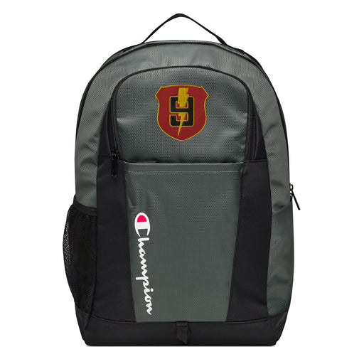 The 9th Regiment Champion Backpack in gray and black showcases a "Champion" logo, a mesh side pocket, a top handle and a 9th Regiment logo on the front. Crafted from water-resistant material, this sports backpack is ideal for all-weather use.