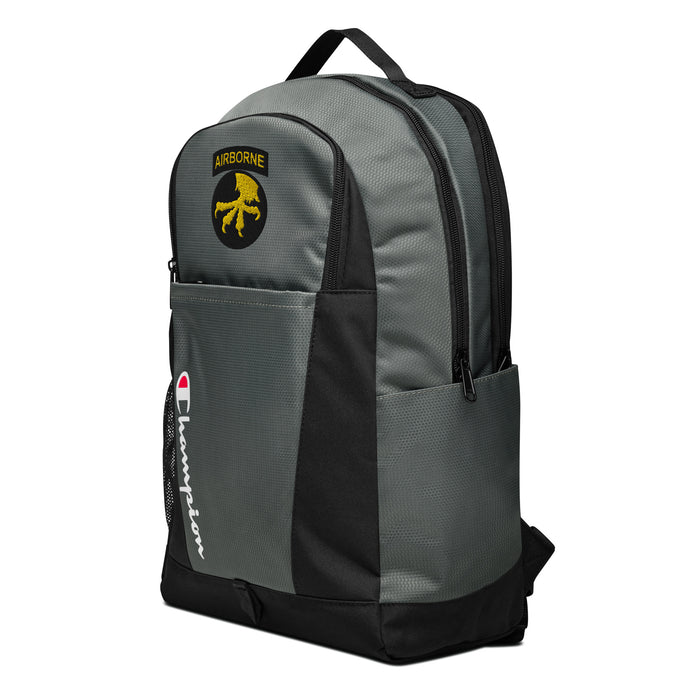 The 17th Airborne Division Champion Backpack, viewed from a right side tilt, features multiple compartments including a front pocket.