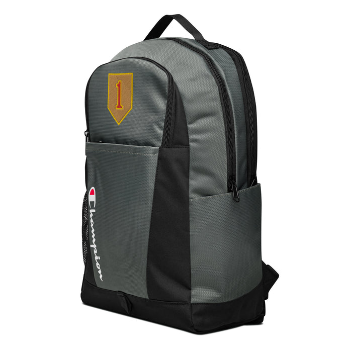 The 1st Infantry Division Champion Backpack, viewed from a right side tilt, features multiple compartments including a front pocket.