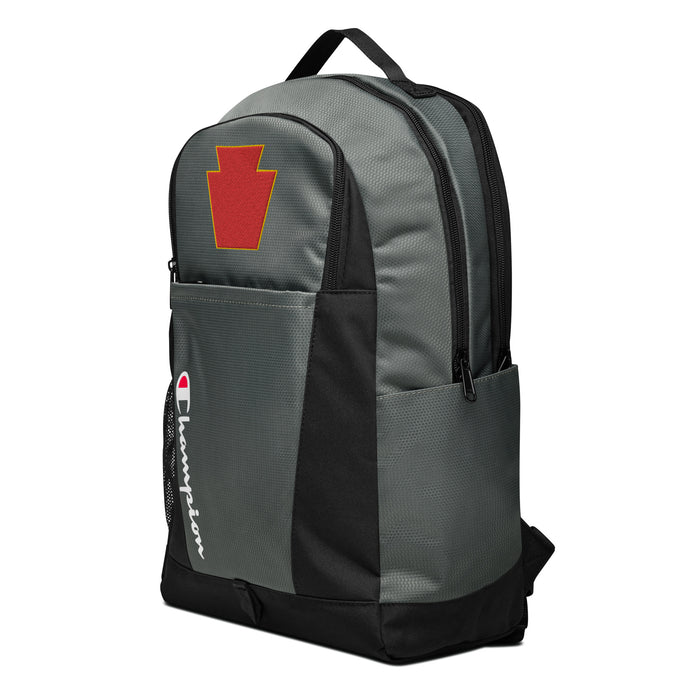 The 28th Infantry Division Champion Backpack, viewed from a right side tilt, features multiple compartments including a front pocket.