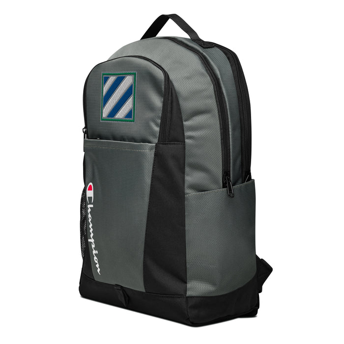 The 3rd Infantry Division Champion Backpack, viewed from a right side tilt, features multiple compartments including a front pocket.