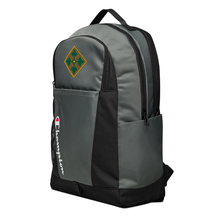 The 4th Infantry Division Champion Backpack, viewed from a right side tilt, features multiple compartments including a front pocket.