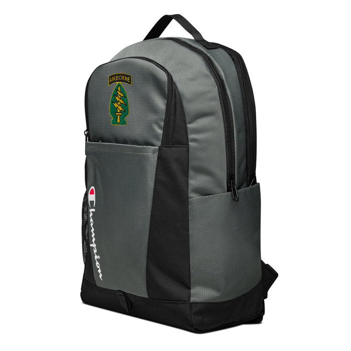 The Special Forces Airborne Champion Backpack, viewed from a right side tilt, features multiple compartments including a front pocket.