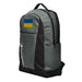 The Ukrainian Flag Champion Backpack, viewed from a right side tilt, features multiple compartments including a front pocket.