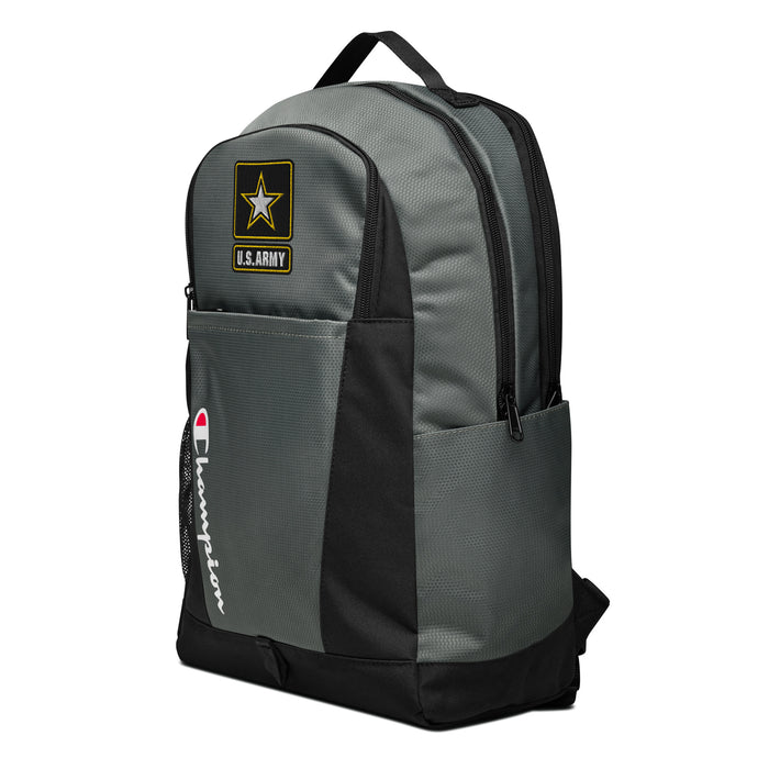 The United States Army Champion Backpack, viewed from a right side tilt, features multiple compartments including a front pocket.