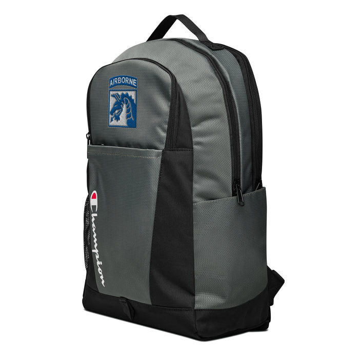 The XVIII Airborne Corps Champion Backpack, viewed from a right side tilt, features multiple compartments including a front pocket.