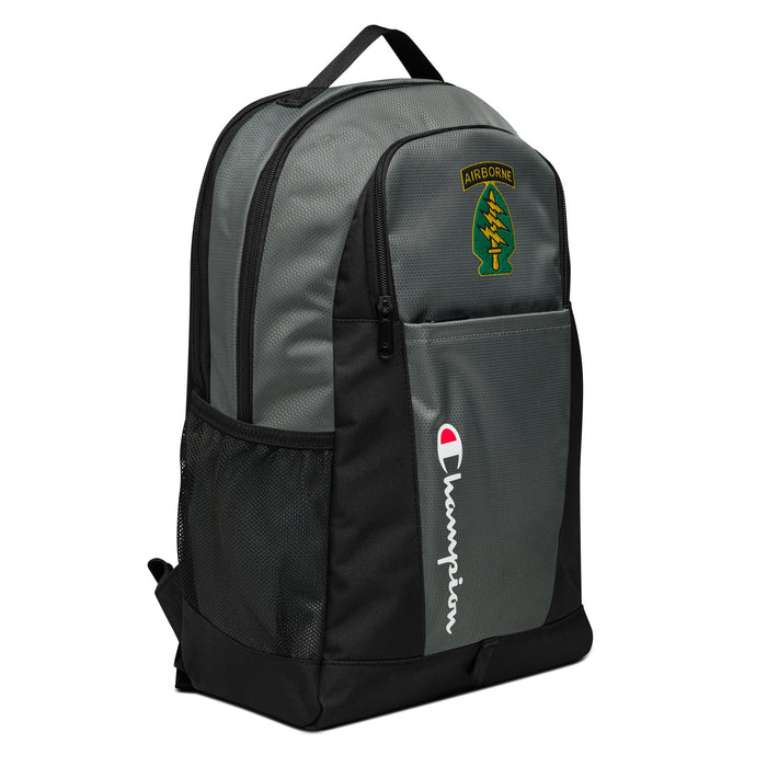 The Special Forces Airborne Champion Backpack, viewed from a left side tilt, shows multiple compartments including a front pocket .