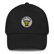 A black Seal Team 5 Hat with the logo on the front.  The hat has a curved visor and an adjustable strap at the back.