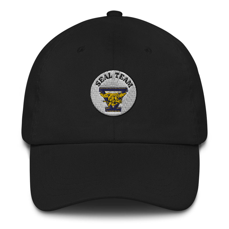 A black Seal Team 5 Hat with the logo on the front.  The hat has a curved visor and an adjustable strap at the back.