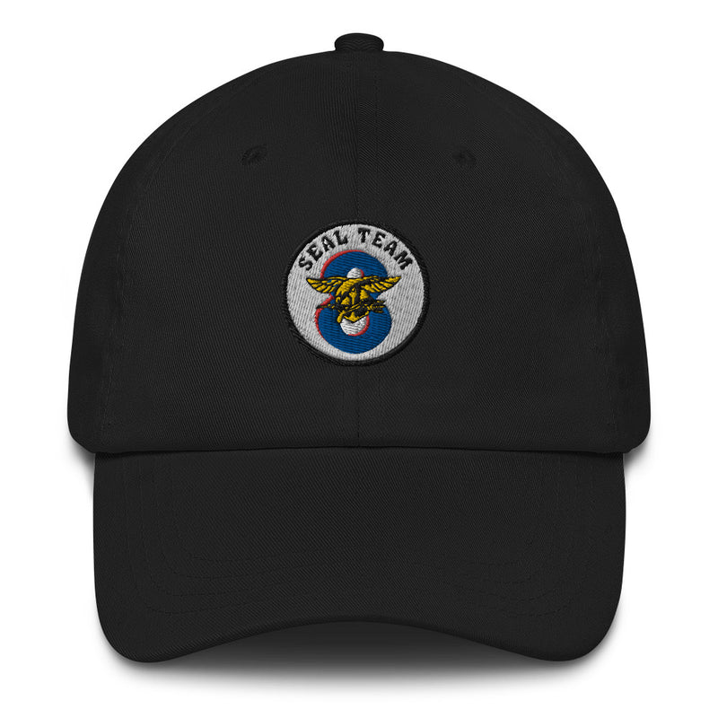 A black Seal Team 8 Hat with the logo on the front.  The hat has a curved visor and an adjustable strap at the back.