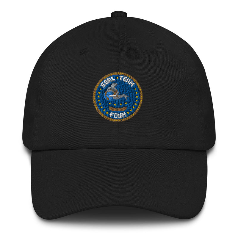 A black Seal Team 4 Hat with the logo on the front.  The hat has a curved visor and an adjustable strap at the back.
