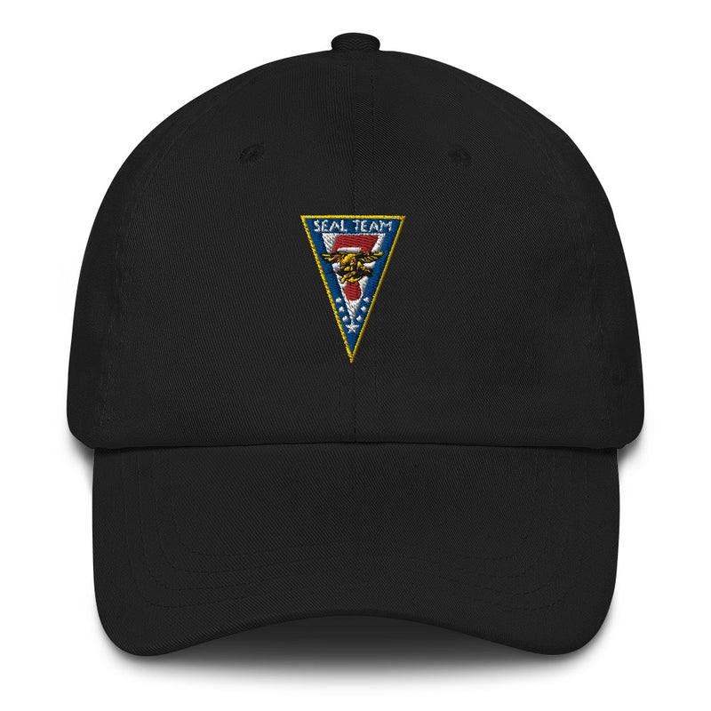 A black blue Seal Team 7 Hat with the logo on the front.  The hat has a curved visor and an adjustable strap at the back.