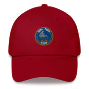 A cranberry colored Seal Team 4 Hat with the logo on the front.  The hat has a curved visor and an adjustable strap at the back.