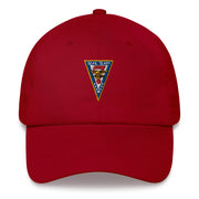 A cranberry colored Seal Team 7 Hat with the logo on the front.  The hat has a curved visor and an adjustable strap at the back.