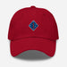 A cranberry colored 1st Marine Division Hat with the logo on the front.  The hat has a curved visor and an adjustable strap at the back.
