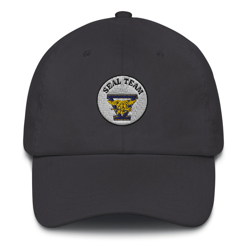 A dark grey Seal Team 5 Hat with the logo on the front.  The hat has a curved visor and an adjustable strap at the back.